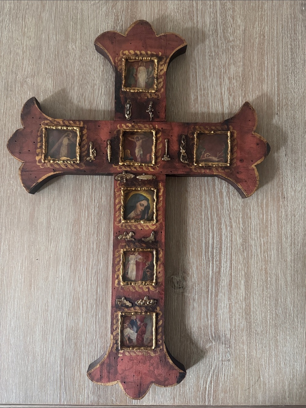 Decorative Red Wooden Wall Cross with Gold Accents